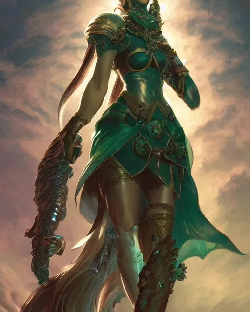 Image similar to Fantasy emerald knight, moonlit, HD, illustration, epic, fantasy, intricate, elegant, highly detailed, digital painting, artstation, concept art, smooth, sharp focus, illustration, art by artgerm and greg rutkowski and alphonse mucha, monster hunter illustrations art book