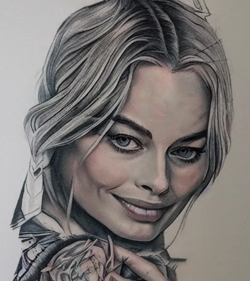 Image similar to tattoo design sketch of margot robbie and beautiful mountain scenery mash up, in the style of maaika de jong, surrealist, amazing detail, sharp