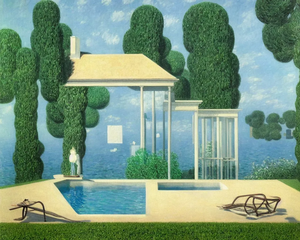 Prompt: achingly beautiful painting of a sophisticated, well - decorated, modern pool house by rene magritte, monet, and turner. whimsical.