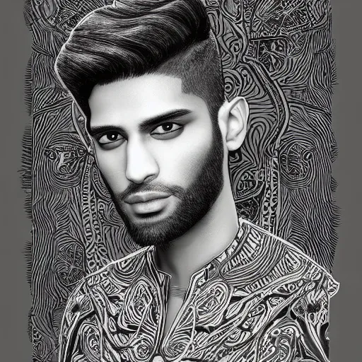 Image similar to portrait of a pakistani male model, an ultrafine detailed illustration by james jean, intricate linework, bright colors, final fantasy, behance contest winner, vanitas, angular, altermodern, unreal engine 5 highly rendered, global illumination, radiant light, detailed and intricate environment