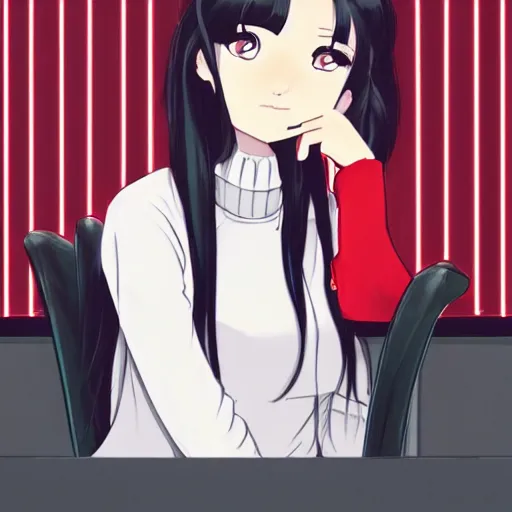 Prompt: a portrait of a beautiful girl with long black hair and bangs, wearing a red turtleneck sweater, she has red colored eyes and pale skin, sitting in a cafe alone, cozy cafe background, night time, rainy weather outside, low-key neon lighting, 4k, HQ, official media, anime key visual, makoto shinkai, ilya kuvshinov, lois van baarle, rossdraws, highly detailed, trending on artstation