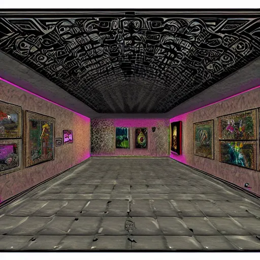 Prompt: virtual art museum in a 9 0 s video game, net art!, ps 2 graphics!, digital rendering, liminal space!, hd, intricate, detailed