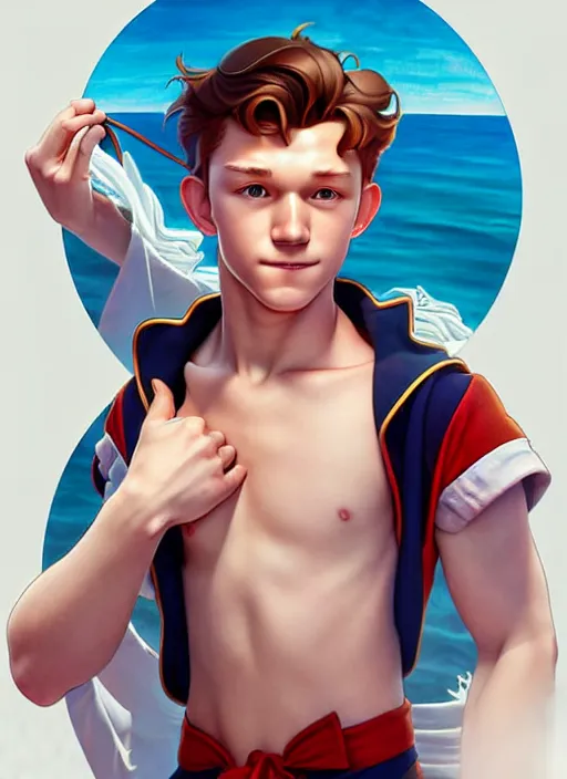 Prompt: cute sailor tom holland, natural lighting, path traced, highly detailed, high quality, digital painting, by don bluth and ross tran and studio ghibli and alphonse mucha, artgerm