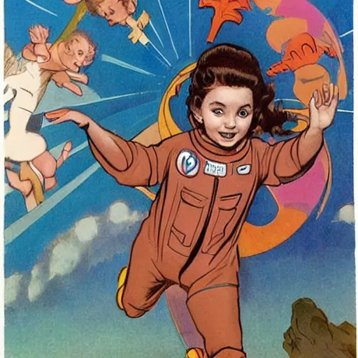 Prompt: a cute little girl with a mischievous face and short brown wavy curly hair. she is dressed as an astronaut. well composed, clean elegant painting, beautiful detailed face. comic book art by steve ditko and jack kirby and bouguereau