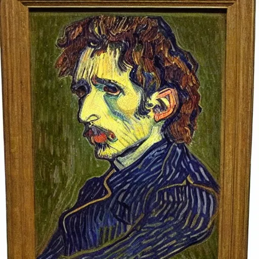 Image similar to detailed portrait of 1890s french bob dylan at his dining table painted by vincent van gogh