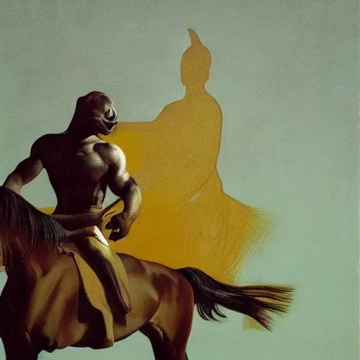 Image similar to ripped physique portrait horse-face Nightmarish Horse Man Warlock the Bobby Fischer camouflaged as a Pony wearing a yellow hoodie eyvind earle greg rutkowski edgar degas andrew wyeth giorgio de chirico