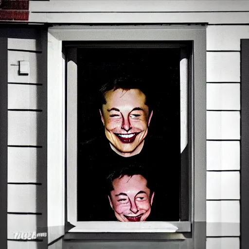 Prompt: photograph at night of elon musk smiling creepily through your bedrooms window, horror art,