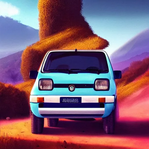 Image similar to blue fiat panda riding in mountains, dramatic light, clouds, artstation, hyper realistic, simon stalenhag