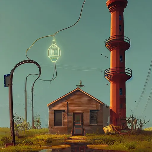 Image similar to lighthouse, mechanic, robotic, abandoned, overgrown, cables by simon stalenhag