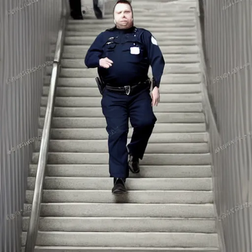 Image similar to clean - shaven chubby chubby chubby 3 2 year old caucasian man from uk. he is wearing navy police sweater and necktie and black boots and police helmet. he is walking up a flight of stairs.