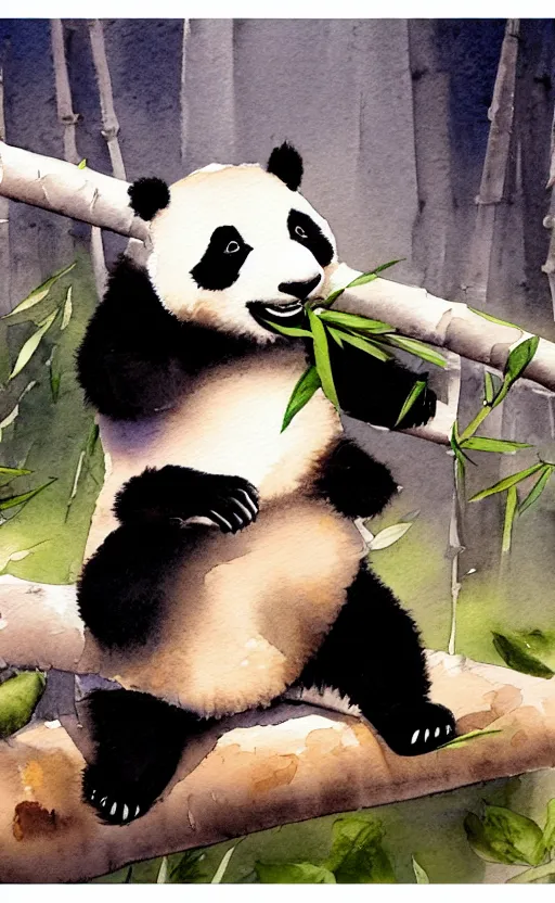 Image similar to a watercolor painting of a panda eating bamboo, dynamic lighting, photorealistic, ambient lighting, atmospherical, stunning visuals, trending on art station