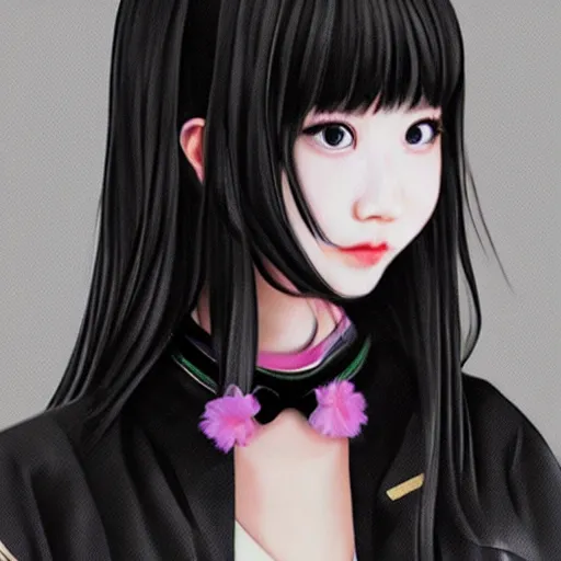 Image similar to realistic detailed semirealism beautiful gorgeous cute Blackpink Lalisa Manoban wearing Japanese school uniform, black hair black cat ears, black leather choker, proportional body, WLOP, Aztodio, Taejune Kim, sakimichan, ArtGerm, Pixiv, Instagram, Artstation