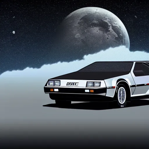 Image similar to digital art, trending on artstation, a delorean on the moon ground with views of the earth in the background