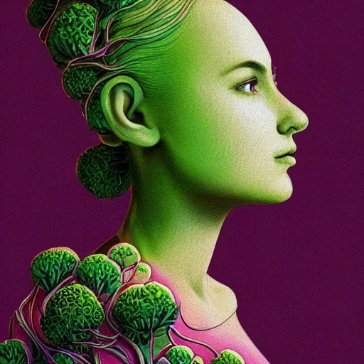 Image similar to the portrait of an unbelievably beautiful, elegant, and sophicated young woman partially made of broccoli looking up, an ultrafine detailed illustration by james jean, intricate linework, bright colors, final fantasy, behance contest winner, vanitas, angular, altermodern, unreal engine 5 highly rendered, global illumination, radiant light, detailed and intricate environment