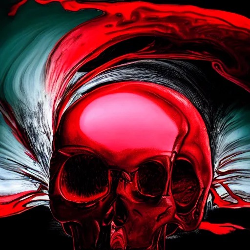 Image similar to turbulent red liquid inside in a transparent skull by akira toriyama