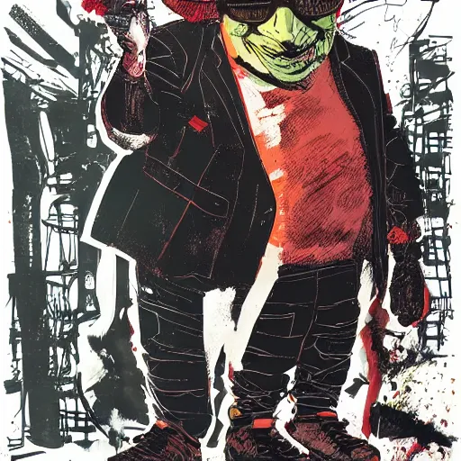 Image similar to Graphic Illustration, Creative Design, Big Chungus, Techwear, Cyberpunk, Full Body Portrait, Character Design, by Ashley Wood, Jamie Hewlett, Ralph Steadman, Francis Bacon, Hunter S Thompson