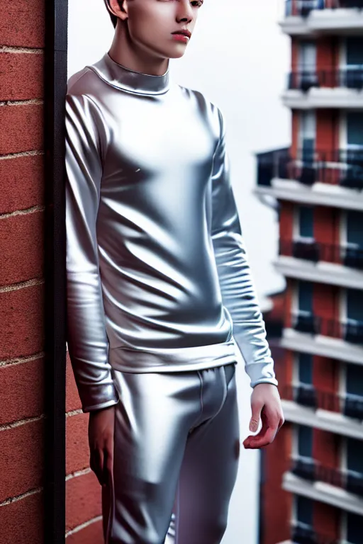 Image similar to un ultra high definition studio quality photographic art portrait of a young man standing on the rooftop of a british apartment building wearing soft padded silver pearlescent clothing. three point light. extremely detailed. golden ratio, ray tracing, volumetric light, shallow depth of field. set dressed.