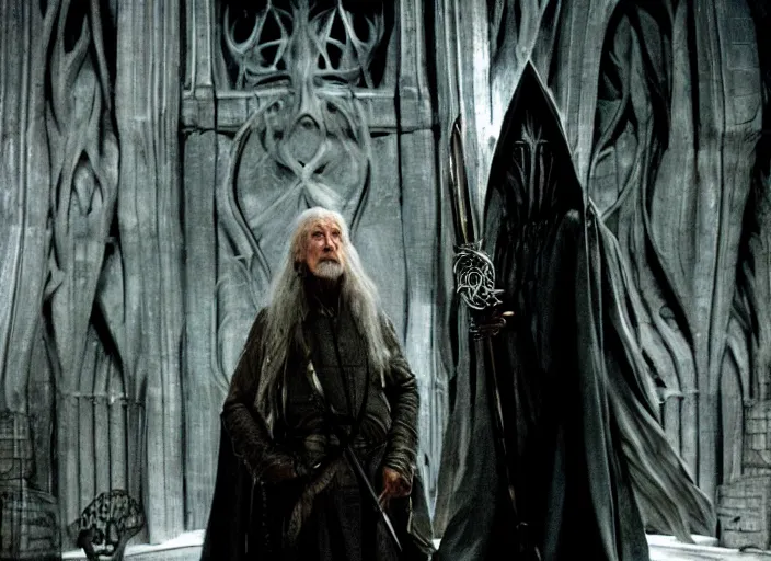 Image similar to gandalf played by lance henriksen stood outside orthanc, style of h. r. giger, directed by david fincher