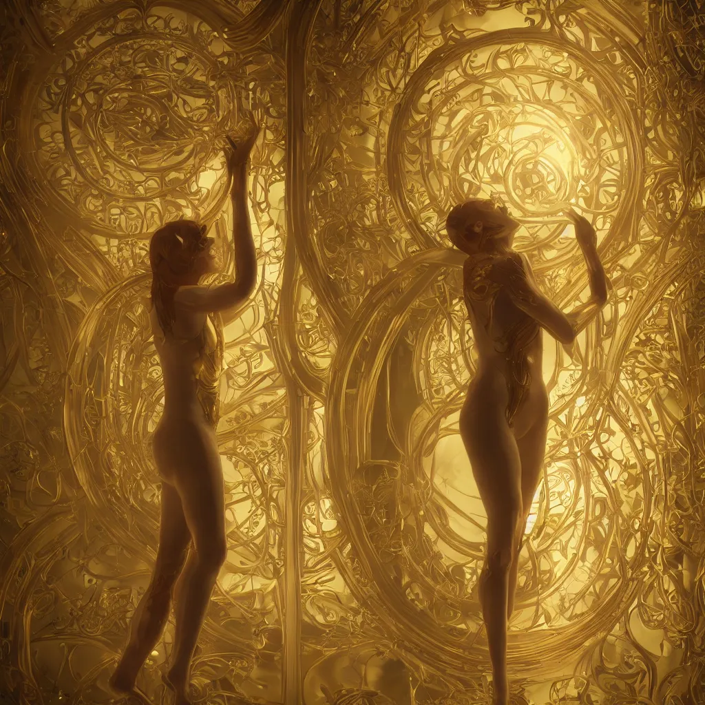 Image similar to human body shining thin golden Art Nouveau curs from inside, cinematic realistic photo, octane render