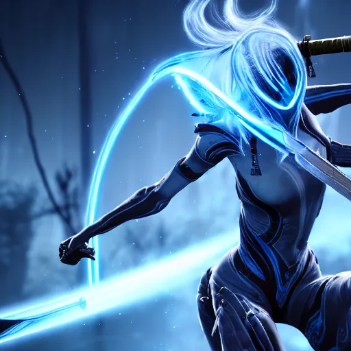 Image similar to photograph of (female) wisp!!!!!!!! warframe holding a katana!!!!!!!, 8k resolution, high detail, ULTRA REALISTIC VFX, reflections
