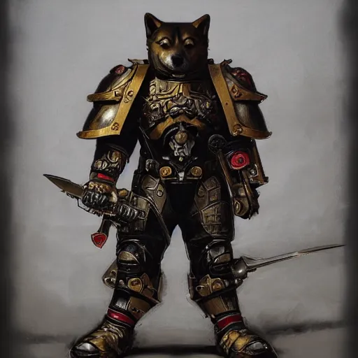 Image similar to wearing warhammer 4 0 k champion black armor, anthropomorphic shiba inu, shiba inu face, stuning 3 d render, masterpiece, glowing aura, by donato giancola and greg rutkowski and wayne barlow and zdzisław beksinski, realistic face