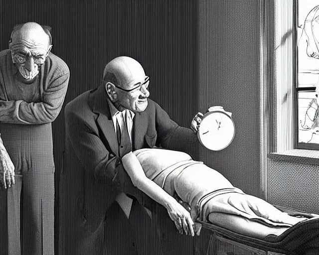 Prompt: the famous snake oil salesman Uncle Aloysius curing a patient of their bearishness, painting by Grant Wood, 3D rendering by Beeple, sketch by R. Crumb