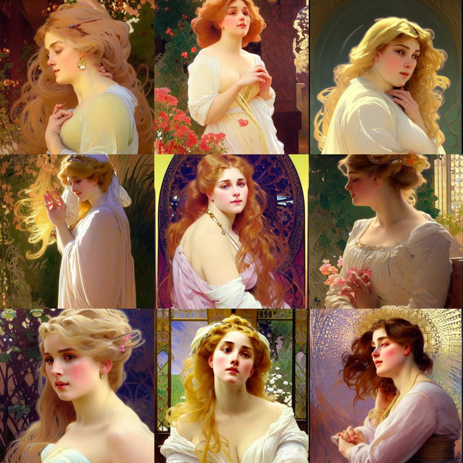 Prompt: painted portrait of a modest wife blessed by god with ever - increasing intelligence beauty and virtue. blonde, * full - figured holy body *, light effect. feminine, powerful, in clothes! intricate, elegant, highly detailed, digital painting, artstation, concept art, smooth, sharp focus, illustration, art by gaston bussiere and alphonse mucha