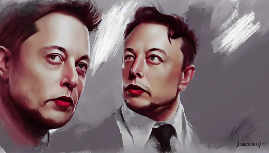 Image similar to concept art of hari seldonand elon musk by jama jurabaev, very long shot, brush hard, artstation, high quality, brush stroke