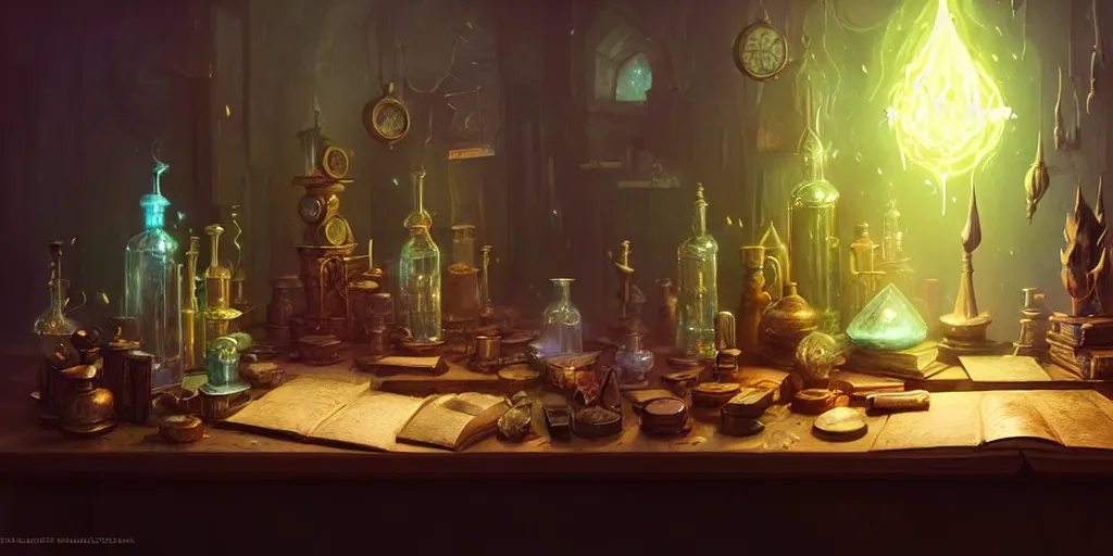 Prompt: cluttered, table, thick book of spells, wizards laboratory, greg rutkowski, mortar, pestle, glowing powder, compass, alembic, streams of flowing light, beakers of colored liquid, tony sart