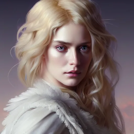 Image similar to portrait painting of a beautiful blonde woman with a kind face wearing a feathered cloak and a fancy silk white dress, ultra realistic, concept art, intricate details, eerie, highly detailed, photorealistic, octane render, 8 k, unreal engine. art by artgerm and greg rutkowski and charlie bowater and magali villeneuve and alphonse mucha