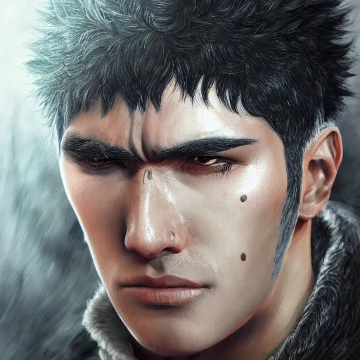 Image similar to ultra realistic portrait of guts from berserk extremely detailed, made by wlop and maxwell boas