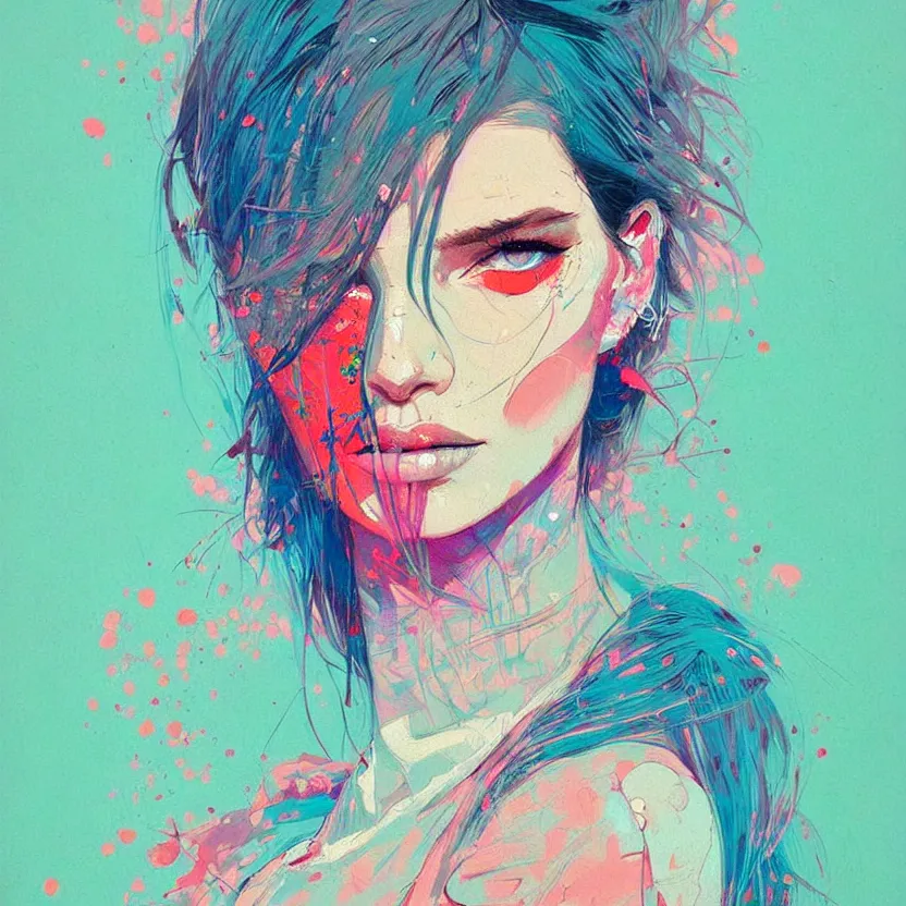 Image similar to close up portrait painting of a female in nineties street styling, concept art, intricate details, aesthetically pleasing pastel colors, art by conrad roset, impressionism, portrait