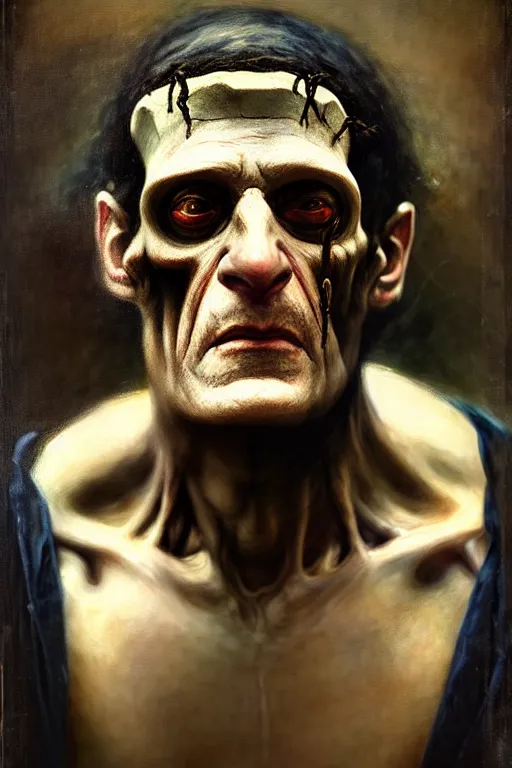 Image similar to photograph imax and solomon joseph solomon and richard schmid and jeremy lipking victorian loose genre loose painting full length portrait painting of frankenstein