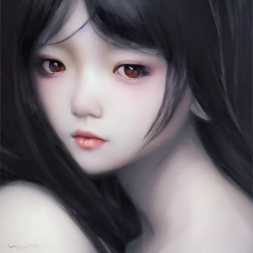 Prompt: Asian girl, watery black eyes, long wavy black hair, white veil, front closeup, highly detailed, centered, oil painting, artstation, anime painting by WLOP