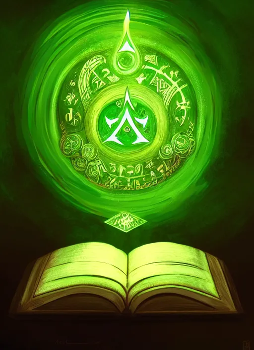 Image similar to illustration of a grand old book, arcane tome filled with green glowing runes, close up of book, runes, green glowing runes, intricate, elegant, candle light, highly detailed, digital painting, artstation, concept art, smooth, sharp focus, illustration, art by wlop, mars ravelo and greg rutkowski
