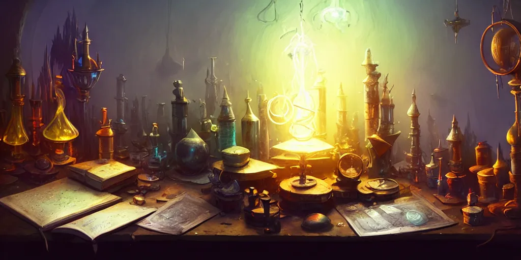 Prompt: cluttered, table, wizards laboratory, greg rutkowski, mortar, pestle, glowing powder, compass, alembic, stream of flowing light, thick book of spells, beakers of colored liquid, tony sart