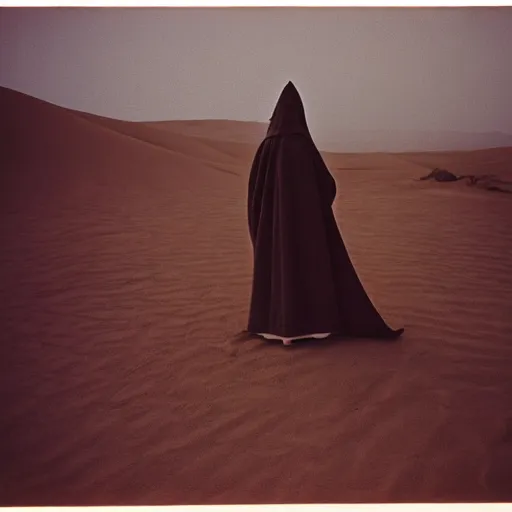 Prompt: a man wearing a long cloak and hood, in the desert, film still, arriflex 3 5