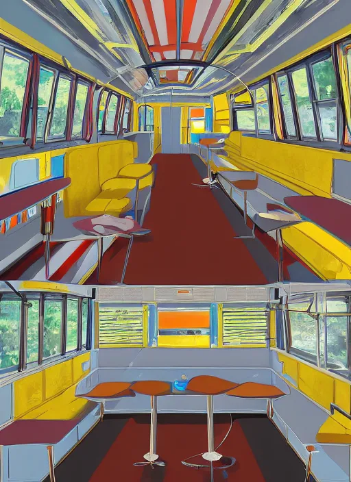 Image similar to interior design of a schoolie, mid - century modern converted school bus interior design by philippe starck and victoria hagan, detailed digital painting masterpiece, gorgeous, 4 k