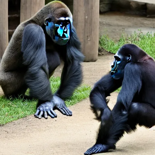 Prompt: gorilla steals tourist's sunglasses at a zoo