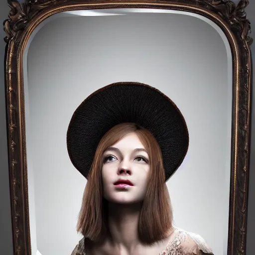 Prompt: an old hat is brushing her hair in front of an ornate mirror, the reflection is of a beautiful young girl, hyper detailed, 4 k octane render