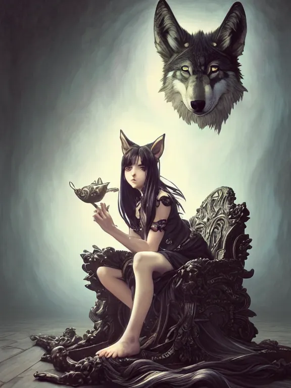 Image similar to full body picture of a girl with wolf ear sitting on the throne, bored, beautiful and aesthetic, intricate, unreal engine, messy hair, highly detailed, detailed face, smooth, sharp focus, chiaroscuro, manga illustration, artgerm, greg rutkowski, ilya kuvshinov, rossdraws, alphonse mucha, young adult light novel cover art