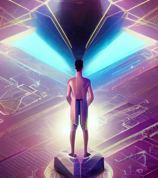 Image similar to symmetry!! egyptian prince of technology, solid cube of light, hard edges, product render retro - futuristic poster scifi, lasers and neon circuits, brown skin man egyptian prince, intricate, elegant, highly detailed, digital painting, artstation, concept art, smooth, sharp focus, illustration, dreamlike, art by artgerm