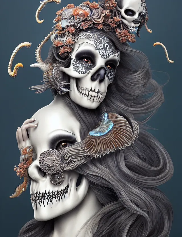 Image similar to 3 d goddess skull half - turn portrait with long hair with ram skull. beautiful intricately detailed japanese crow kitsune mask and clasical japanese kimono. betta fish, jellyfish phoenix, bio luminescent, plasma, ice, water, wind, creature, artwork by tooth wu and wlop and beeple and greg rutkowski