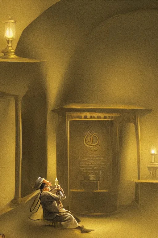 Prompt: an irish leprechaun studying torah in a synagogue, golden lighting concept art