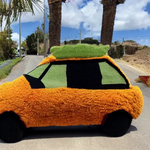Image similar to A goofy car with a furry carpet outside