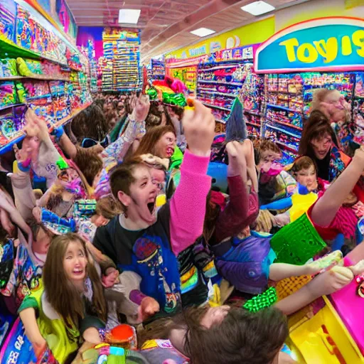 Image similar to a moshpit inside toys r us, wide lens shot, 3 0 mm, f 2. 8, photo realistic high quality hd 8 k flash photography