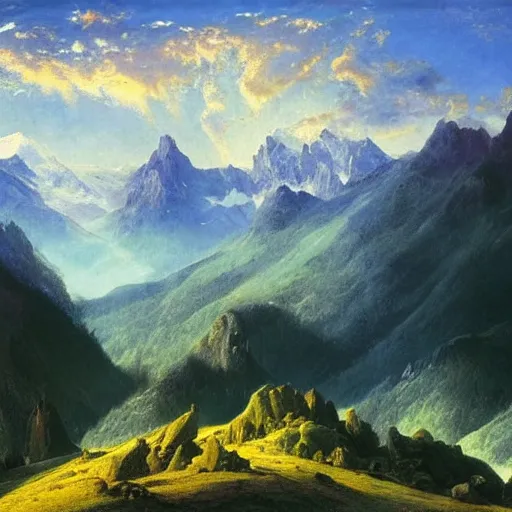 Prompt: wonderful narrow alpine mountain valley, swiss, soft dynamic clouds, astral appearance, cinematic light, sublime, colorful, light shafts, dramatic light, by august malmstrom, blake, best russian painters,, disney, global illumination, rule of thirds, perfect central composition