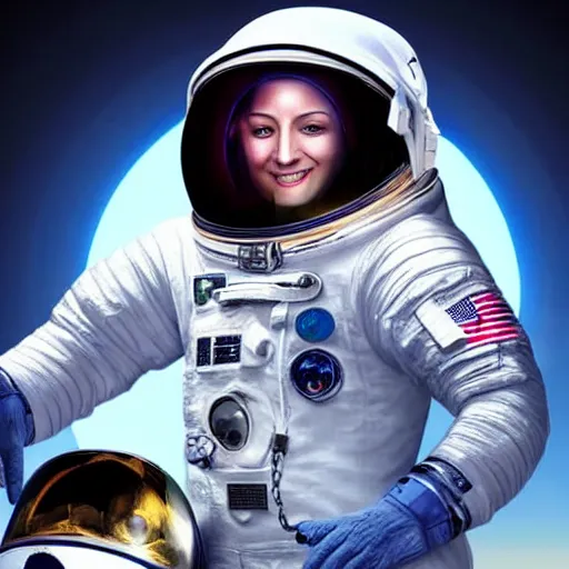 Image similar to a hyper realistic digital painting of a woman in an astronaut suit in space