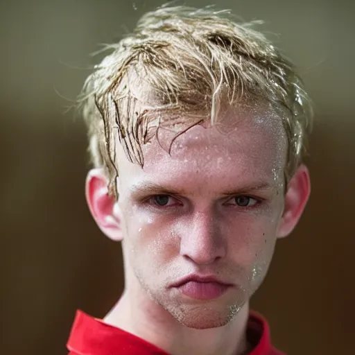 Image similar to sweaty young blond man wearing a sweat soaked red shirt, his hair is wet with sweat and messed up, he is tired and worried