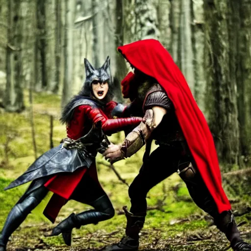 Image similar to red riding hood female warrior fending off a werewolf
